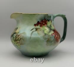 Limoges France Hand-Painted Grape & Leaf Pitcher with Green Handle & Gold Accents