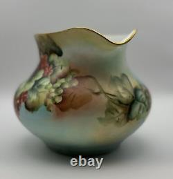 Limoges France Hand-Painted Grape & Leaf Pitcher with Green Handle & Gold Accents