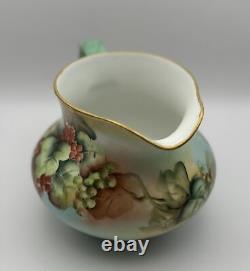 Limoges France Hand-Painted Grape & Leaf Pitcher with Green Handle & Gold Accents