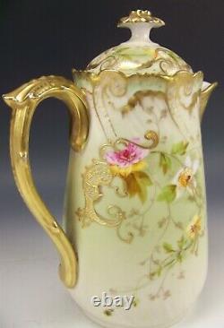 Limoges France Hand Painted Orchids Chocolate Pot Raised Gold