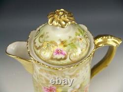 Limoges France Hand Painted Orchids Chocolate Pot Raised Gold