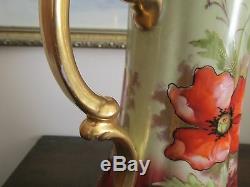 Limoges France Hand Painted Poppies Tankard Pitcher Signed Leon 11