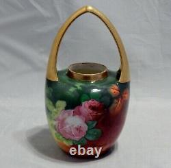 Limoges France Hand Painted Roses Handled Ginger Jar signed A Broussillon