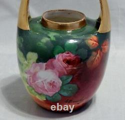 Limoges France Hand Painted Roses Handled Ginger Jar signed A Broussillon
