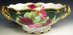 Limoges France Hand Painted Roses Handled Punch Bowl Artist Signed