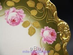 Limoges France Hand Painted Roses & Raised Gold Artist Signed 12.5 Charger