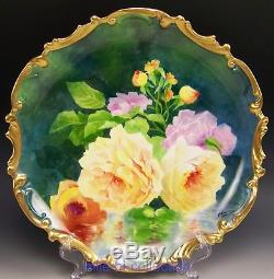 Limoges France Hand Painted Roses Reflecting Signed A. Broussillon Plaque