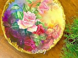 Limoges, France Handpainted Charger large Plate Roses Gold Signed Sarlengeas
