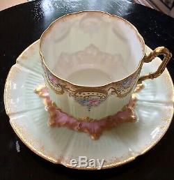 Limoges France Handpainted & Jeweled Cup & Saucer c. 1885-1900