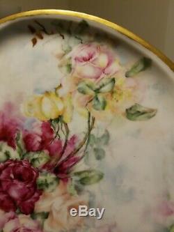 Limoges France Handpainted Large Gold Handled Tray Pink & Yellow Roses 17 L