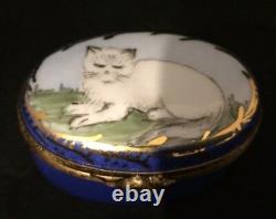 Limoges France La Groriette Hand Painted Blue Trinket Box with Cat and Mouse
