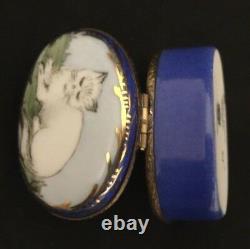Limoges France La Groriette Hand Painted Blue Trinket Box with Cat and Mouse