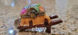 Limoges France Lidded Trinket Box Wheel Barrow, hand painted and signed