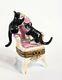 Limoges France Peint Main Trinket Ring Box Black Cats Playing On Pink Chair