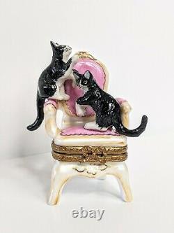 Limoges France Peint Main Trinket Ring Box Black Cats Playing on Pink Chair