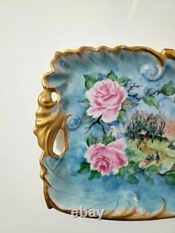 Limoges France Platter hand painted with roses and landscape 11- Signed