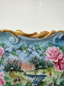 Limoges France Platter hand painted with roses and landscape 11- Signed