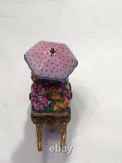 Limoges France Rochard Hand Painted Flower Cart Trinket Box