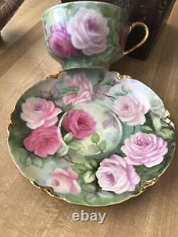Limoges France Tea Cup & Saucer Hand Painted Roses & Gold