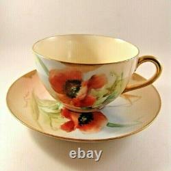 Limoges France Tea Cup & Saucer Red Poppy Flower Green Gold Hand Painted