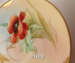 Limoges France Tea Cup & Saucer Red Poppy Flower Green Gold Hand Painted