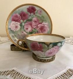 Limoges France hand-painted Roses Gold Encrusted Etching Cup And Saucer