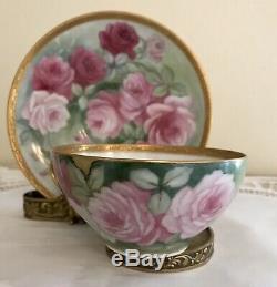 Limoges France hand-painted Roses Gold Encrusted Etching Cup And Saucer