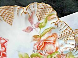 Limoges France hand painted peach cabbage roses charger platter 1920s embossed