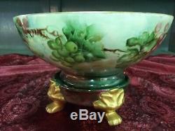 Limoges Grapes Hand Painted Punch Bowl / Centerpiece With Base