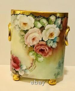 Limoges Guerin Dropping Cabbage Rose Antique Hand Painted Rare Cachepot Vase 9
