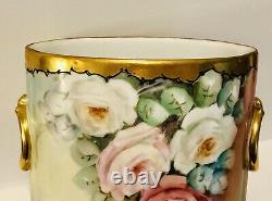 Limoges Guerin Dropping Cabbage Rose Antique Hand Painted Rare Cachepot Vase 9