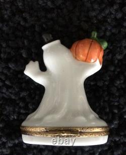 Limoges Halloween Happy Ghost & Pumpkin Trinket Box Hand-Painted Porcelain