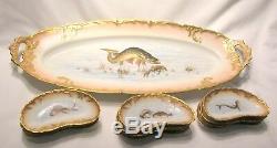Limoges Hand Painted Antique Fish Service For 12 With Bone Plates And Lg. Server