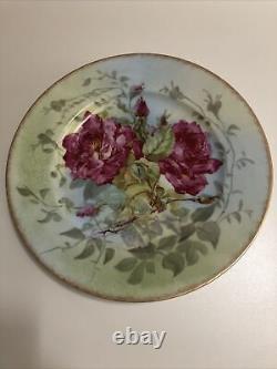 Limoges Hand Painted Antique Pink Yellow Roses WithGreen 10 Plate