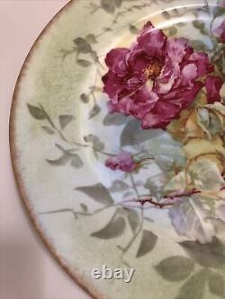 Limoges Hand Painted Antique Pink Yellow Roses WithGreen 10 Plate