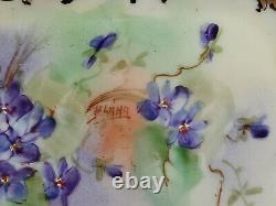 Limoges Hand Painted Artist Signed Violet Flowers & Gold Small Dresser Tray
