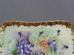 Limoges Hand Painted Artist Signed Violet Flowers & Gold Small Dresser Tray