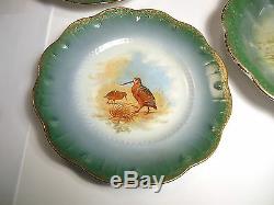 Limoges Hand Painted Bird 6 Scalloped Edge Gilded Game Plates And 1 Platter Set