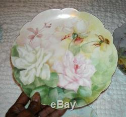 Limoges Hand Painted Cabinet Plates Roses (7) Assorted Colors Pink Yellow