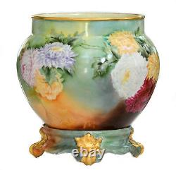 Limoges Hand Painted Chrysanthemums Jardiniere Vase On Matching Plinth/base