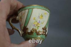 Limoges Hand Painted Floral Green Ivory & Raised Gold Coffee Cup & Saucer