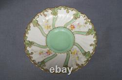 Limoges Hand Painted Floral Green Ivory & Raised Gold Coffee Cup & Saucer