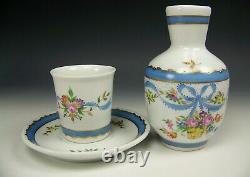 Limoges Hand Painted Floral Ribbons 3 Piece Tumble-up French Bedside Carafe Set