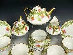 Limoges Hand Painted Flower Gold Gilt Tea Pot Creamer Sugar Cups Saucers Set