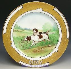 Limoges Hand Painted Hunting Dogs Raised Gold Cabinet Plate Signed Meyers