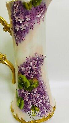 Limoges Hand Painted Lilacs Tankard/ Pitcher/Vases 15 1/2 Gold Gilt, 1892- 1907