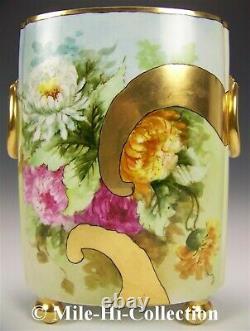 Limoges Hand Painted Mums Gold Gild 12.25 Cachepot Vase