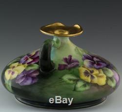 Limoges Hand Painted Pansies Squat Vase Ewer Pitcher