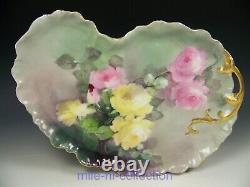 Limoges Hand Painted Peach Roses Kidney Shaped Dresser Tray Signed Ida Ferris