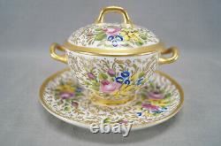 Limoges Hand Painted Pink Rose Floral & Gold Covered Bouillon Cup & Saucer 1890s